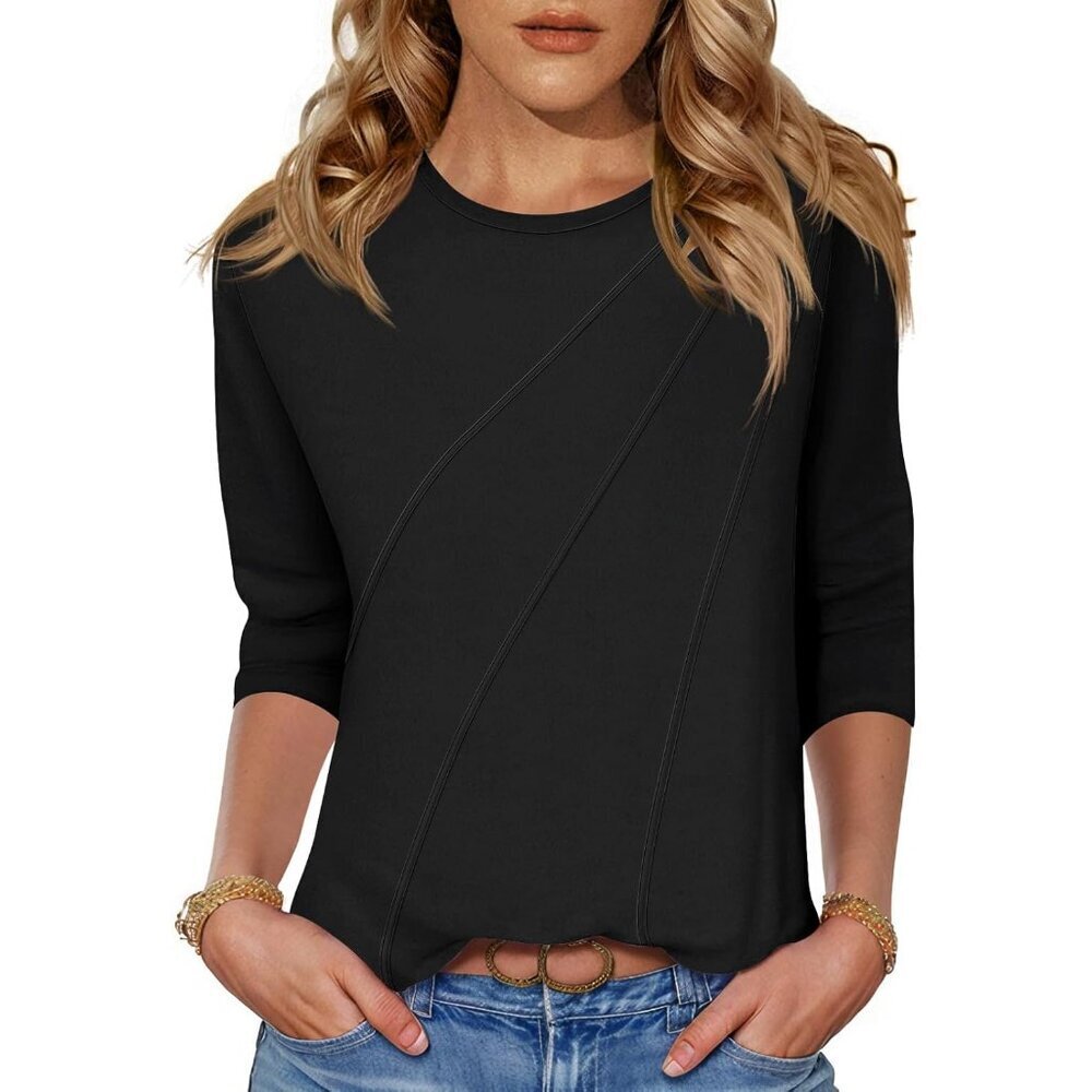 Womens 3/4 Sleeve Pleated Top Crew Neck Loose Fit Casual Spring Summer